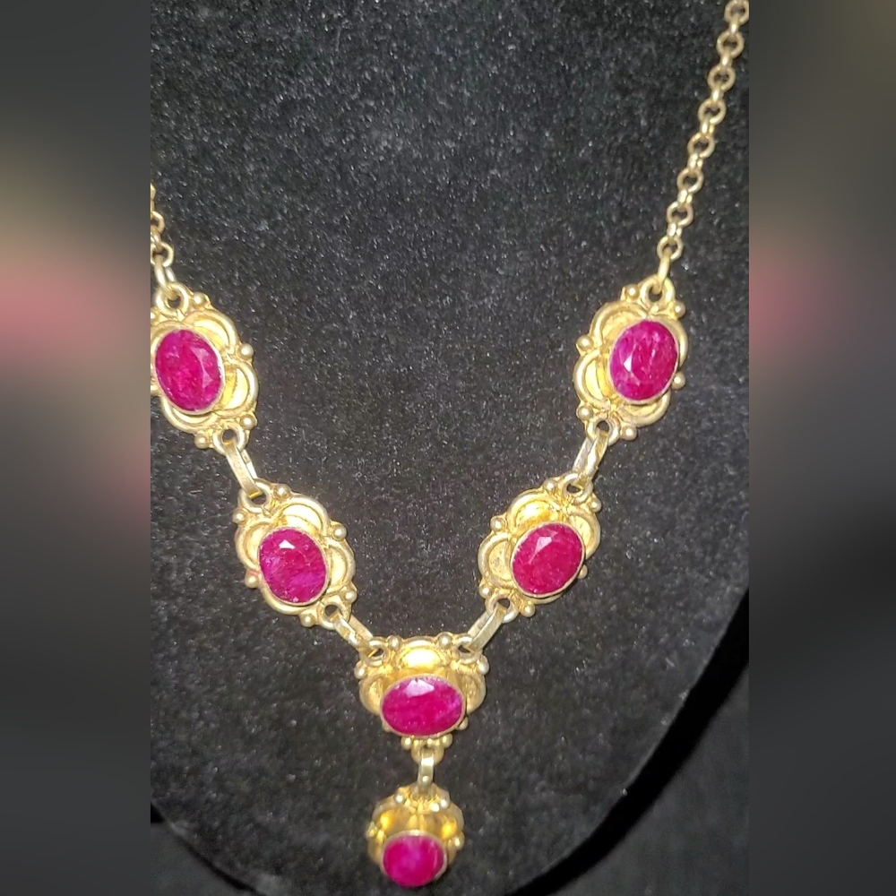 VICTORIAN GENUINE RUBY  IN BRASS/ GOLDTONE CHAIN NECKLACE